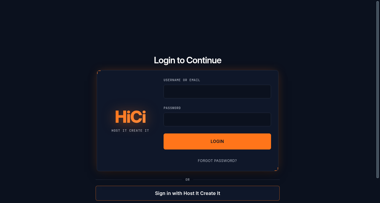 Game Panel sign-in page: username or email and password fields, Login, Forgot password?, and the Sign in with Host It Create It button below