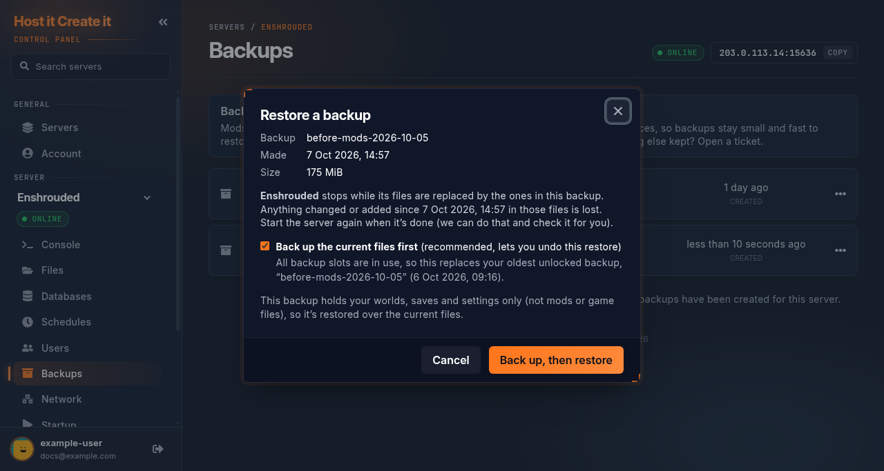 Restore a backup window: the backup’s name, date and size, the Back up the current files first box ticked, and the Back up, then restore button