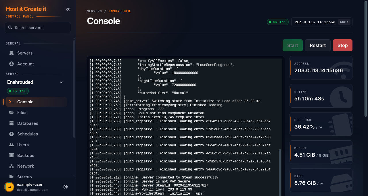 Top of a server page with the address 203.0.113.14 and its Copy button next to the Online status