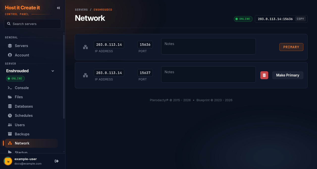 Network page listing the server’s ports, with the primary port marked