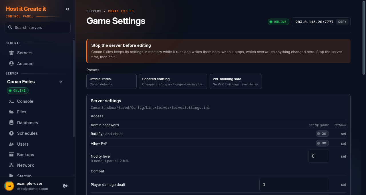 Conan Exiles Game Settings page for ServerSettings.ini
