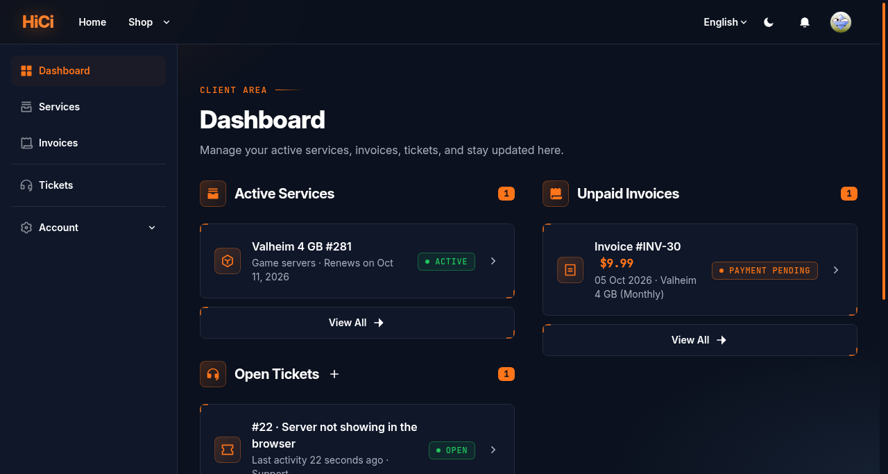 Client Area menu: Dashboard, Services, Invoices, Tickets and Account