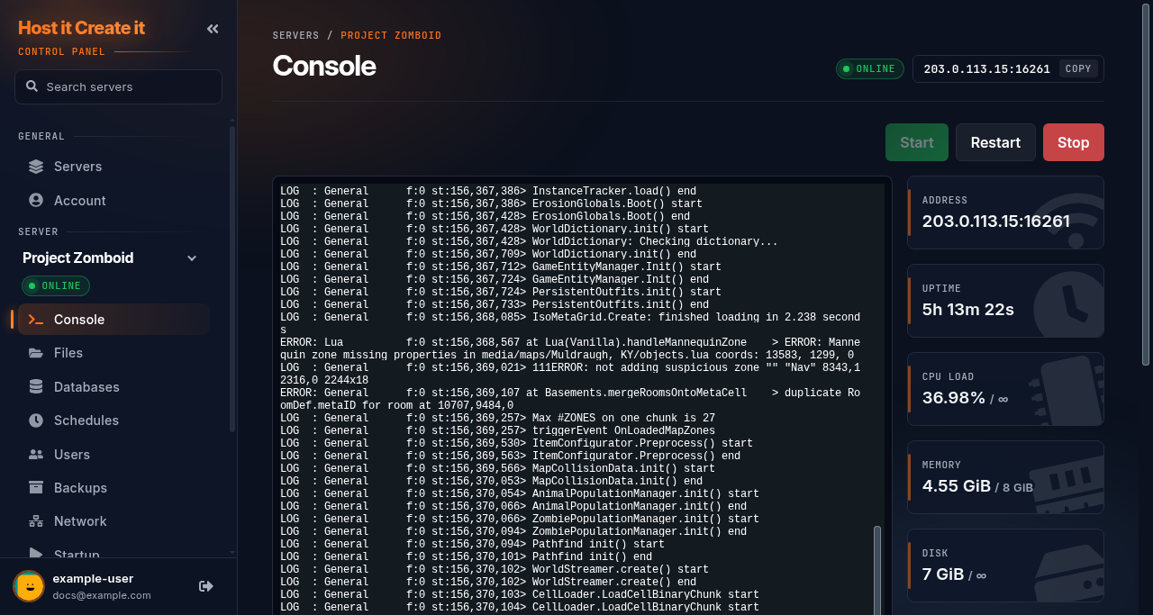 Console of a Project Zomboid server after start-up