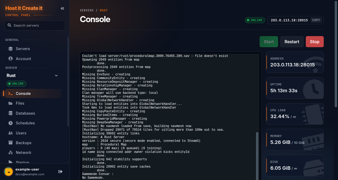 Console of a Rust server after start-up