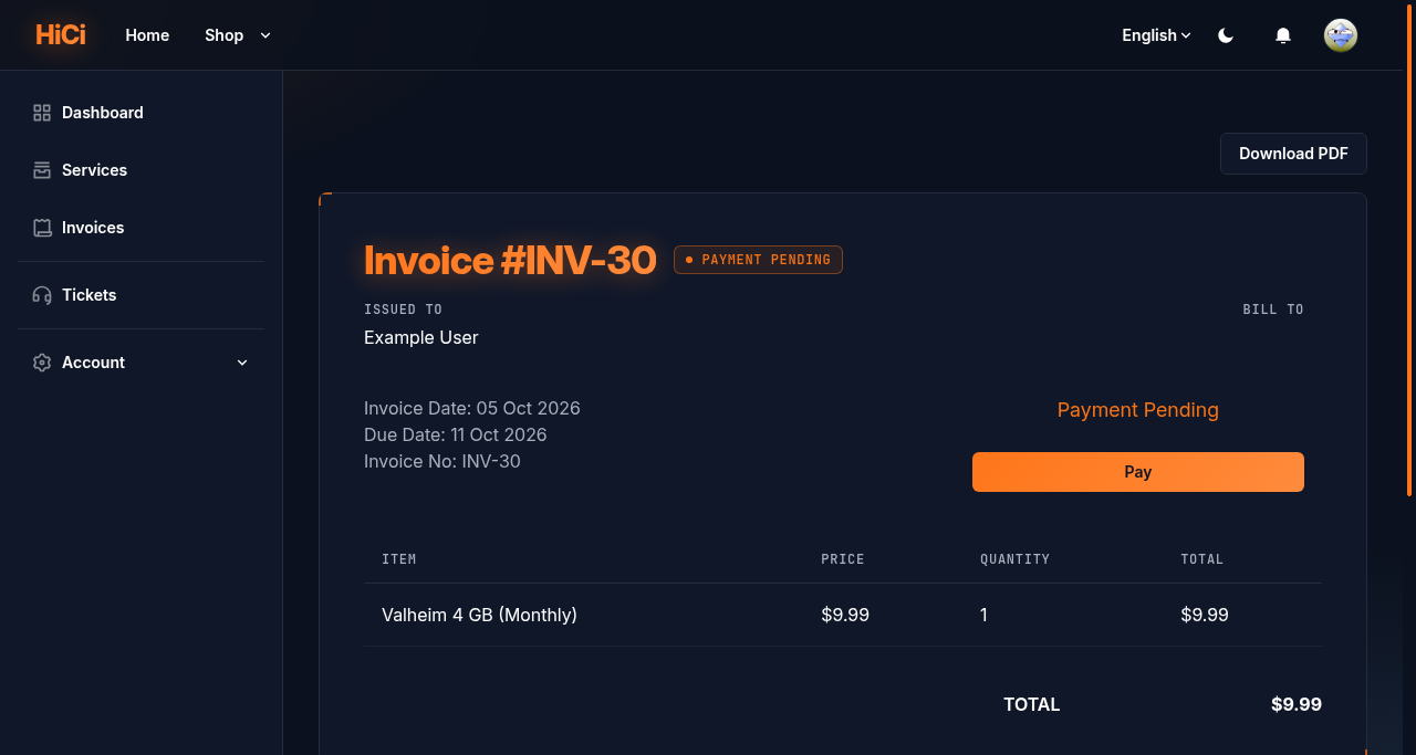 An unpaid invoice in the Client Area, marked Payment Pending, with its items, total and the Pay button