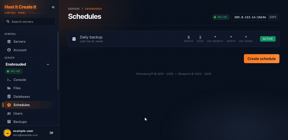 Creating a schedule: Create schedule, a name, Daily, and the summary showing when it will run