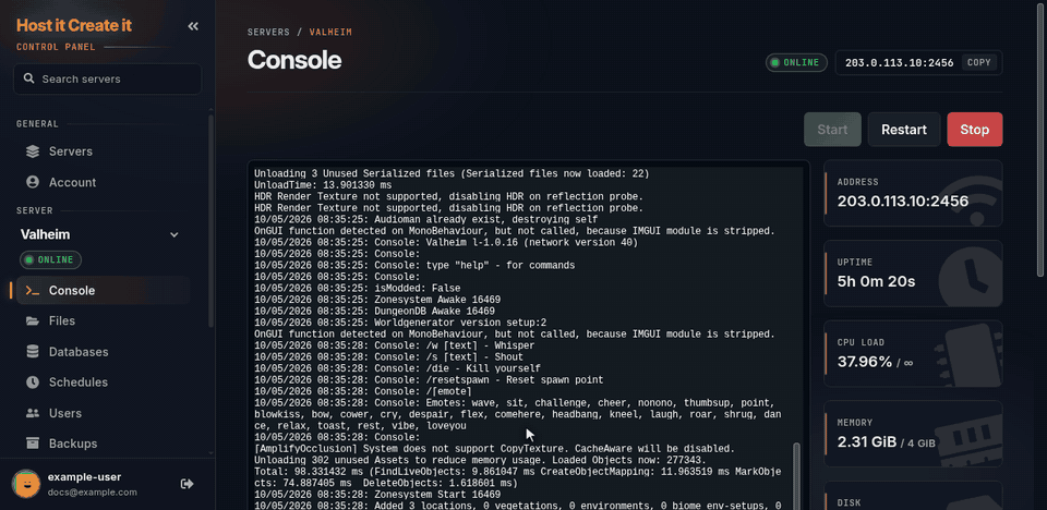 Stopping and starting a server: Stop, the status goes to Offline, Start, the console fills and the status goes to Online
