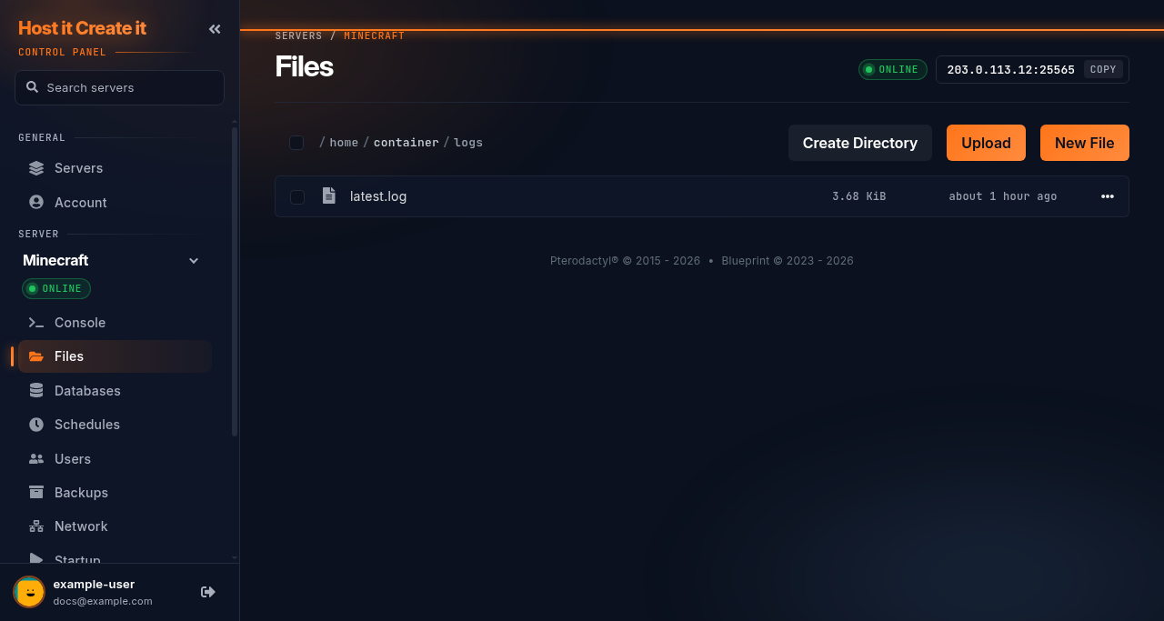 The logs folder of a Minecraft server in the Files page, containing latest.log